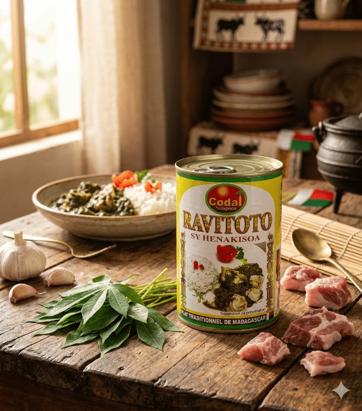 Ravitoto sy henakisoa en conserve Codal - plat traditionnel malgache