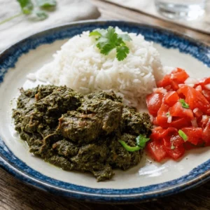 Ravitoto servi avec riz et rougail tomate - cuisine malgache