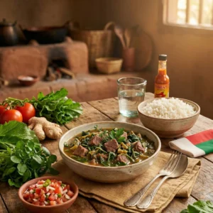 Romazava servi avec riz blanc et rougail tomate - cuisine traditionnelle de Madagascar