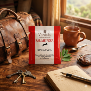 Baume Fosa Vaniala sachet 2g ambiance nomade sac cuir clés