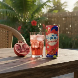 Caprice Grenadine canette tall avec verre grenadine glaçons et grenade table bois Madagascar