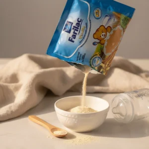 Farilac 25g sachet ouvert versant poudre dans bol bébé