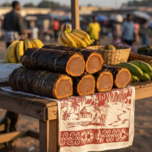 Koba traditionnel sur étal marché malgache lamba rouge bananes