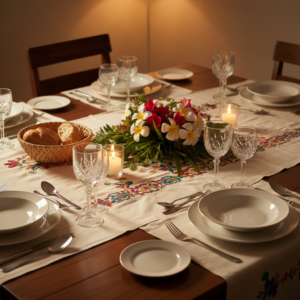 Nappe brodee Madagascar ambiance table dressee diner raffine frangipanier