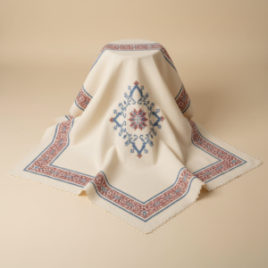 Nappe coton ecru brodee main Madagascar motifs traditionnels rouge bleu