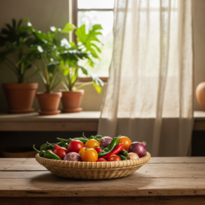 Panier raphia Madagascar ambiance cuisine tropicale legumes jardin