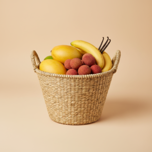Panier rond raphia naturel tresse main Ambositra Madagascar fruits tropicaux