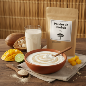 Poudre de Baobab Madagascar yaourt saupoudree smoothie ambiance tropicale rustique