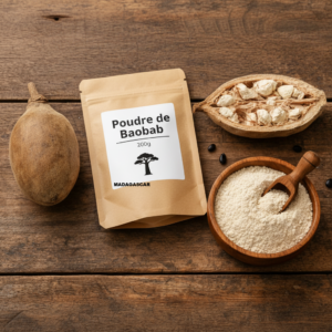 Sachet Poudre de Baobab Madagascar 200g fruit gousse brune pulpe blanche poudre creme bois rustique