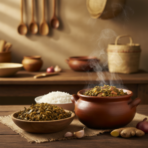 Ravitoto séché ambiance cuisine malgache marmite terre cuite riz traditionnel