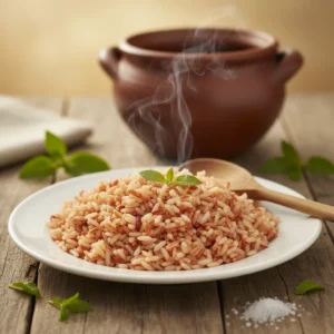 Vary Mena riz rouge cuit assiette malgache marmite terre cuite brede