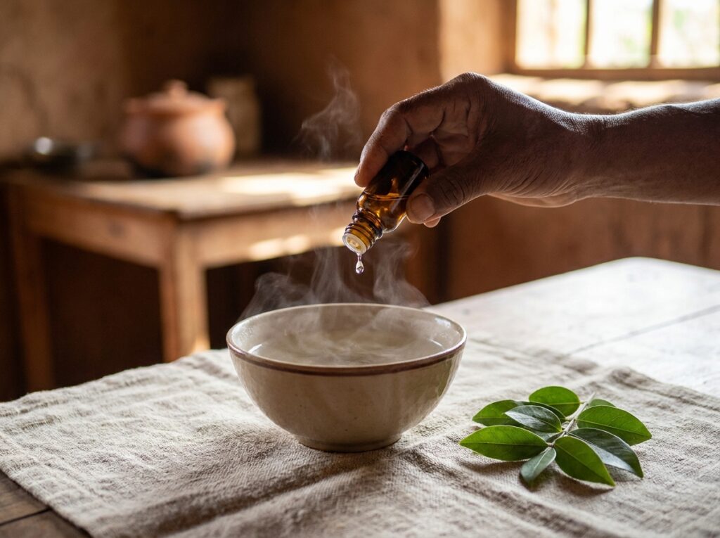 Inhalation à l’huile essentielle de ravintsara au-dessus d’un bol d’eau chaude