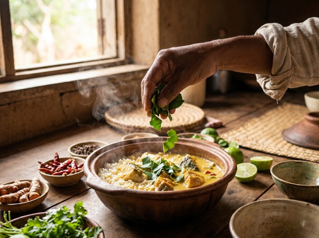Feuilles de combava déchirées dans un curry de riz malgache