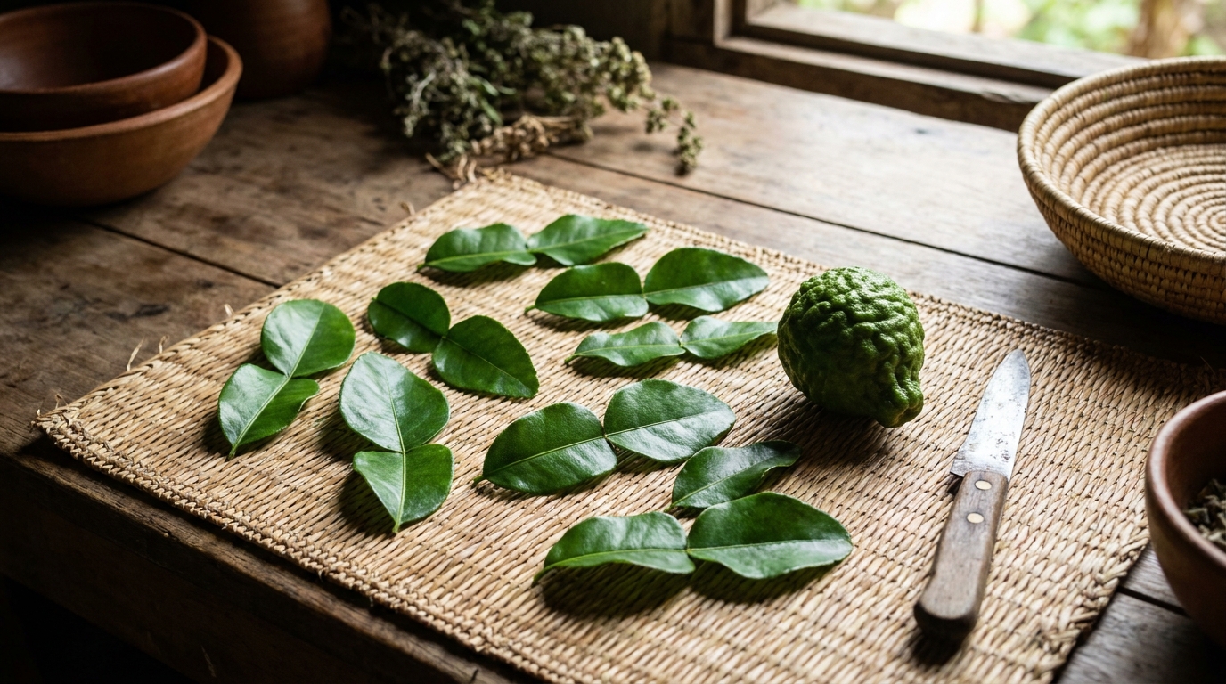 Feuilles de combava fraîches et fruit sur une natte en raffia