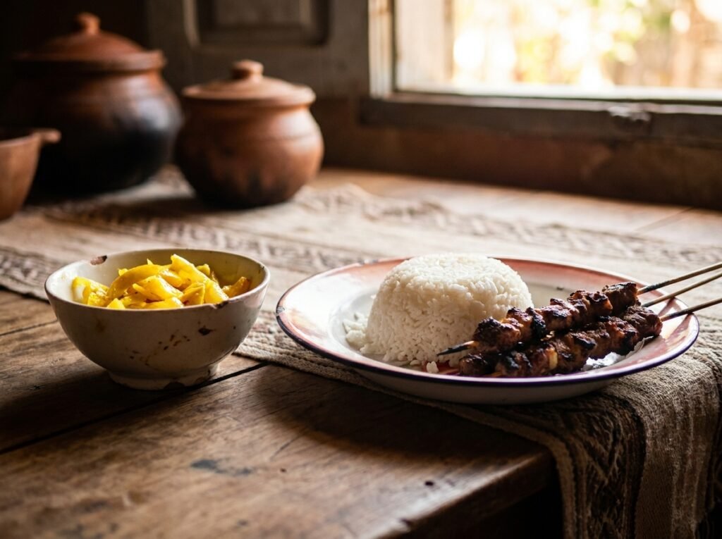Achards de citron servis avec du riz blanc et une brochette