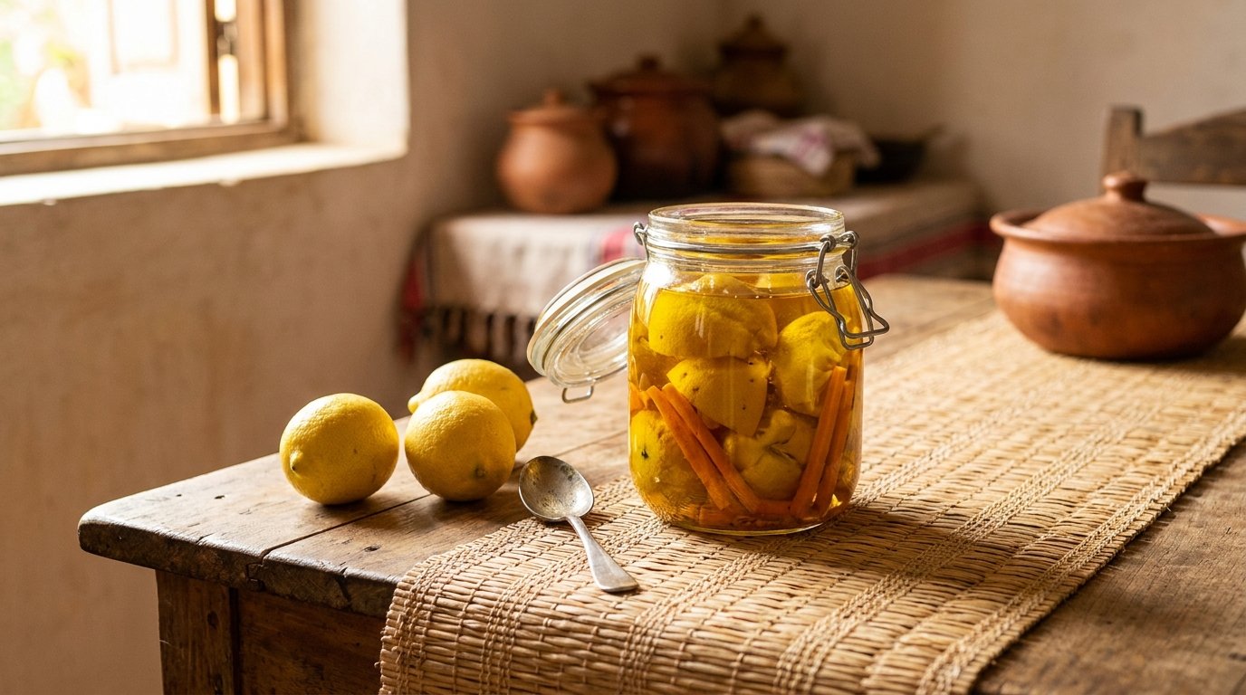 Bocal d’achards de citron malgaches sur une natte en raffia