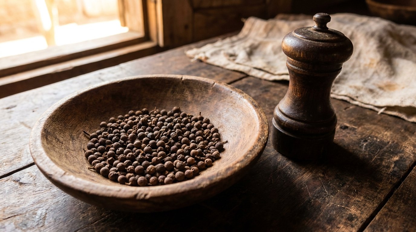 Grains de poivre sauvage de Madagascar (voatsiperifery) dans une coupelle en bois