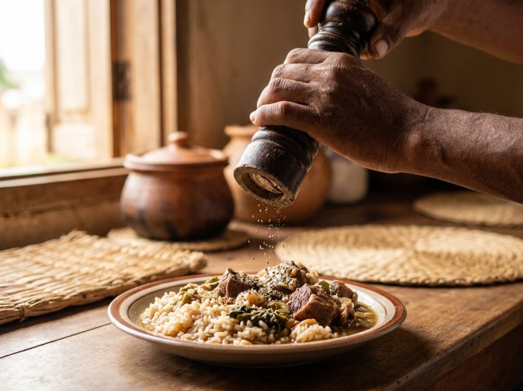 Moulin à poivre de Madagascar au-dessus d’un plat
