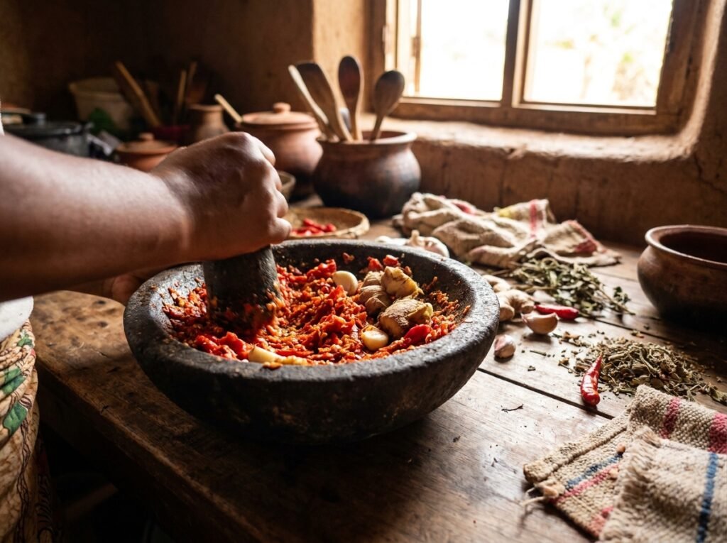 Préparation du sakay au mortier, piment pilé