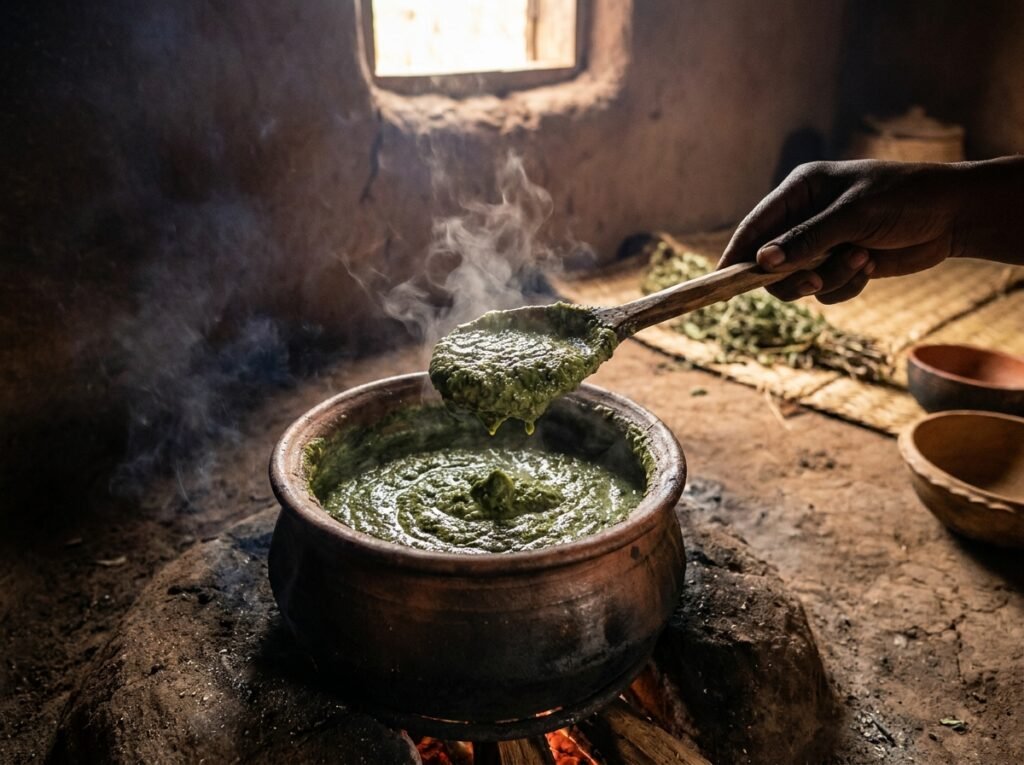 Marmite de brèdes de manioc mijotées
