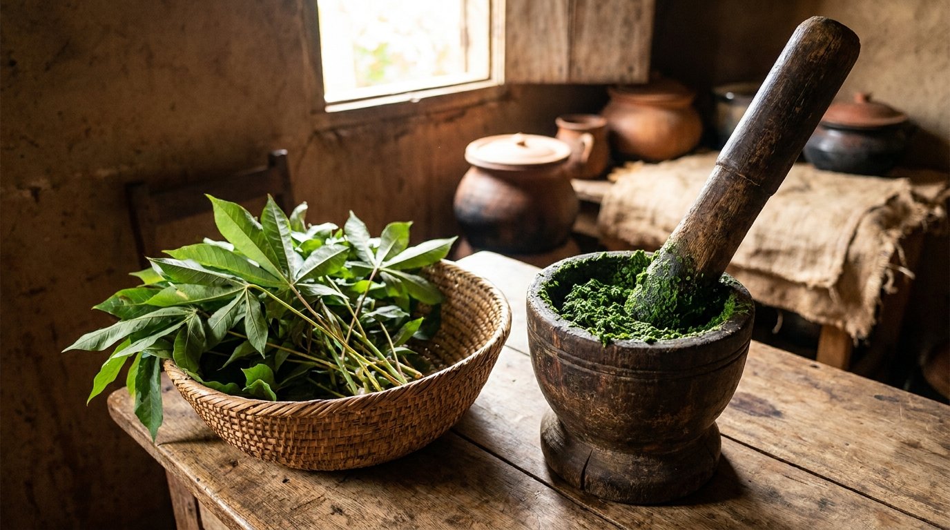 Feuilles de manioc fraîches et pilées au mortier (brèdes de manioc)