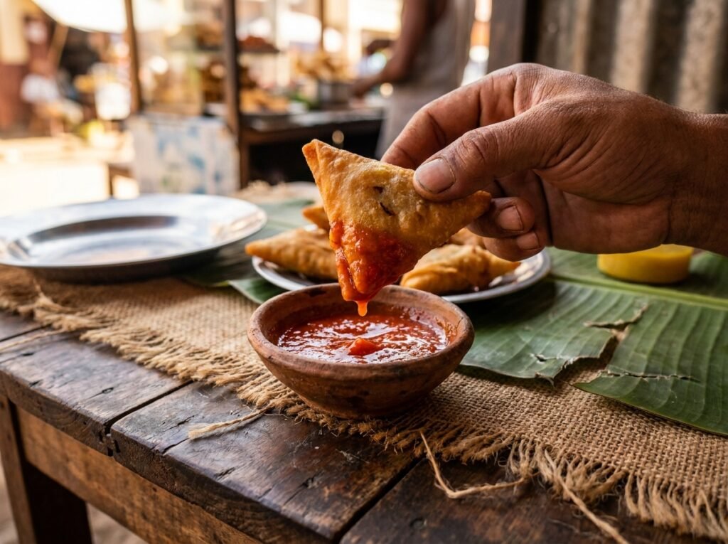 Sambos malgache trempé dans le sakay, street food