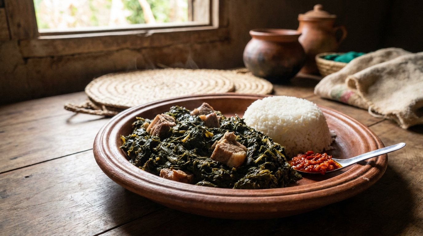 Assiette de ravitoto sy henakisoa avec porc et riz blanc