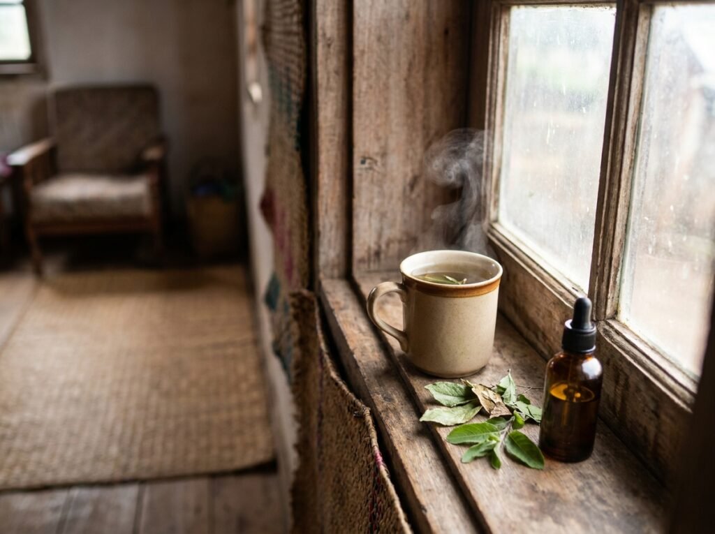 Tisane et flacon de mandravasarotra en ambiance hivernale