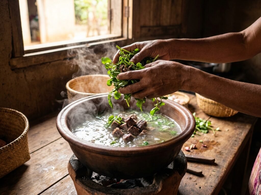 Cresson et bœuf ajoutés au bouillon de romazava