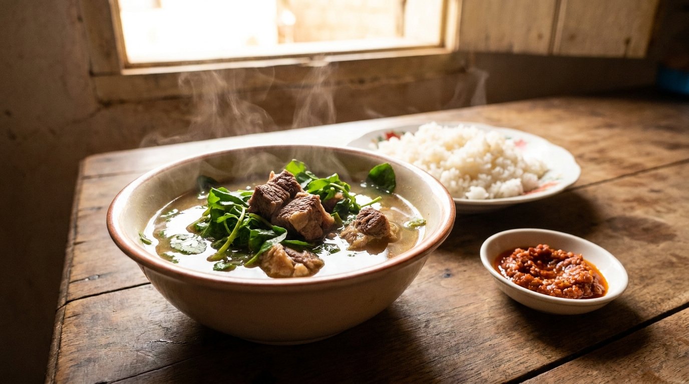Bol de romazava au cresson avec du bœuf et du riz