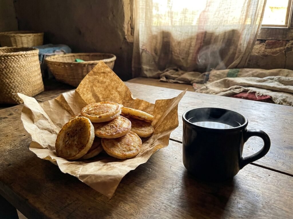 Mokary empilés avec un café noir, petit-déjeuner malgache