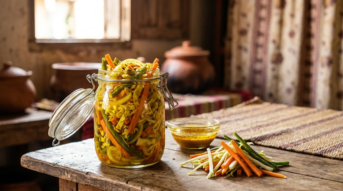 Bocal d’achards de légumes malgaches colorés et croquants