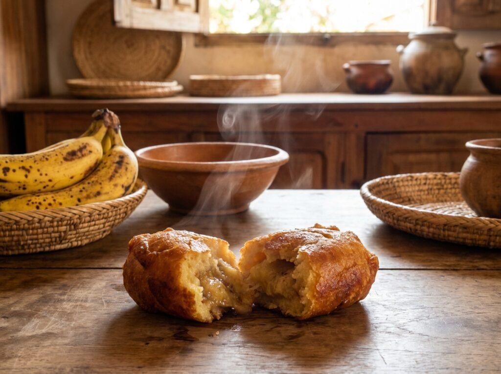 Beignet de banane malgache coupé montrant l’intérieur moelleux