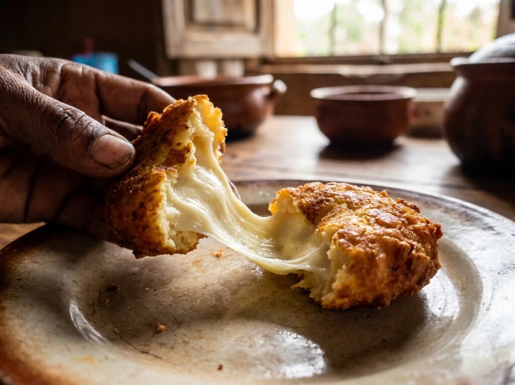 Beignet caca pigeon ouvert montrant le fromage fondu