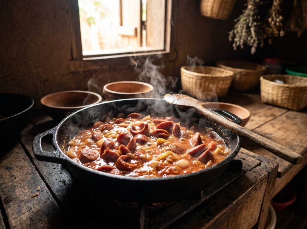 Saucisses mijotant dans la sauce tomate du rougail