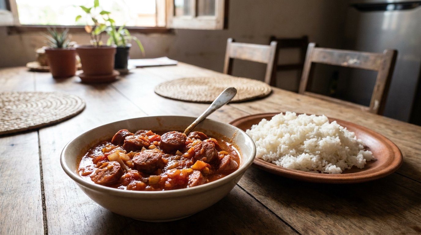 Rougail saucisse à la malgache avec du riz