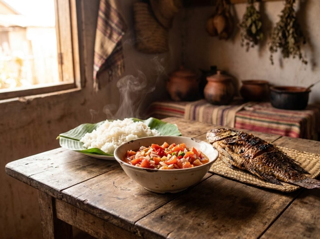 Rougail tomate servi avec du riz et du poisson