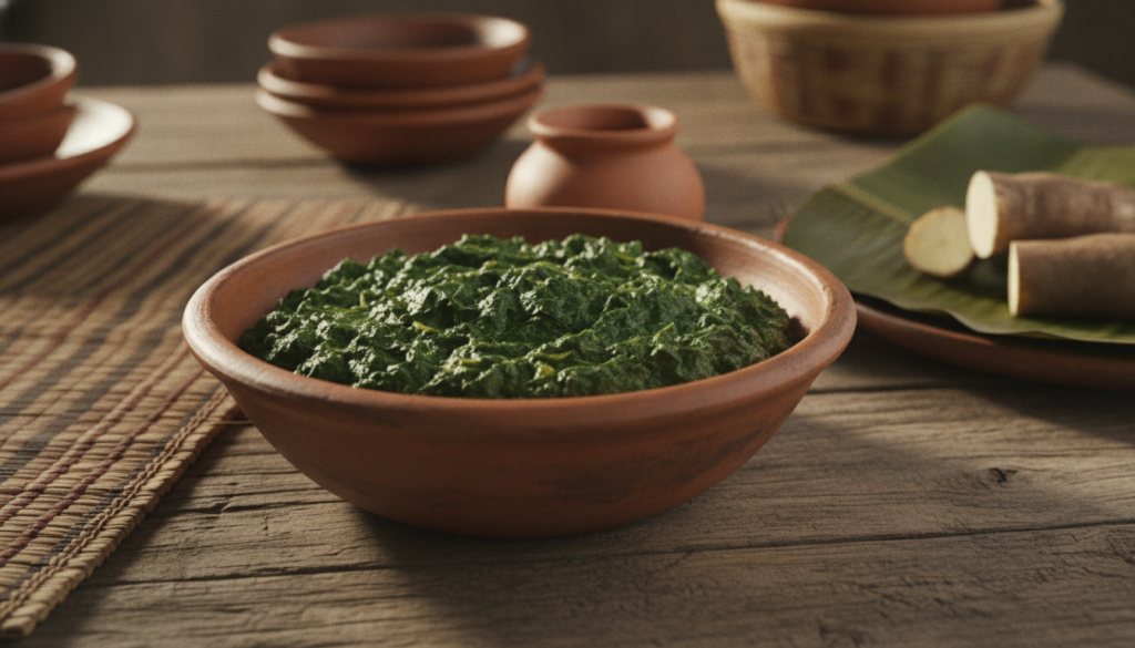 Brèdes de manioc pilées, base du ravitoto