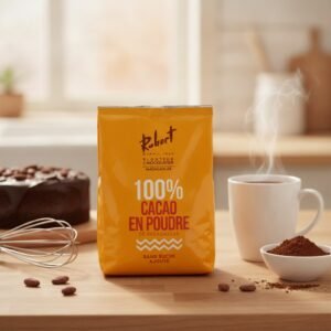 Poudre de cacao Chocolaterie Robert avec un chocolat chaud et un gâteau, ambiance pâtisserie