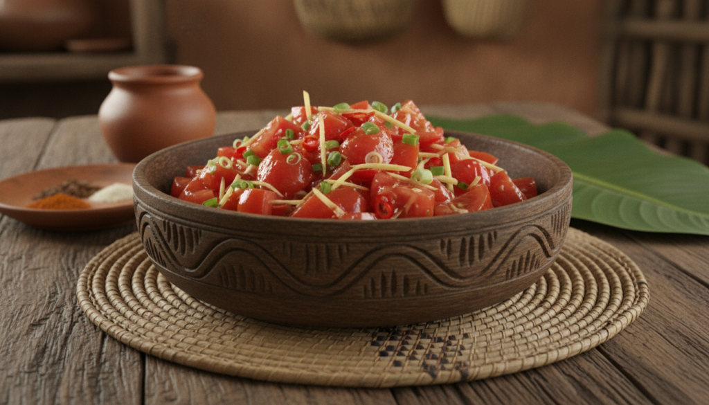Rougail tomate malgache dans un bol en bois sculpté